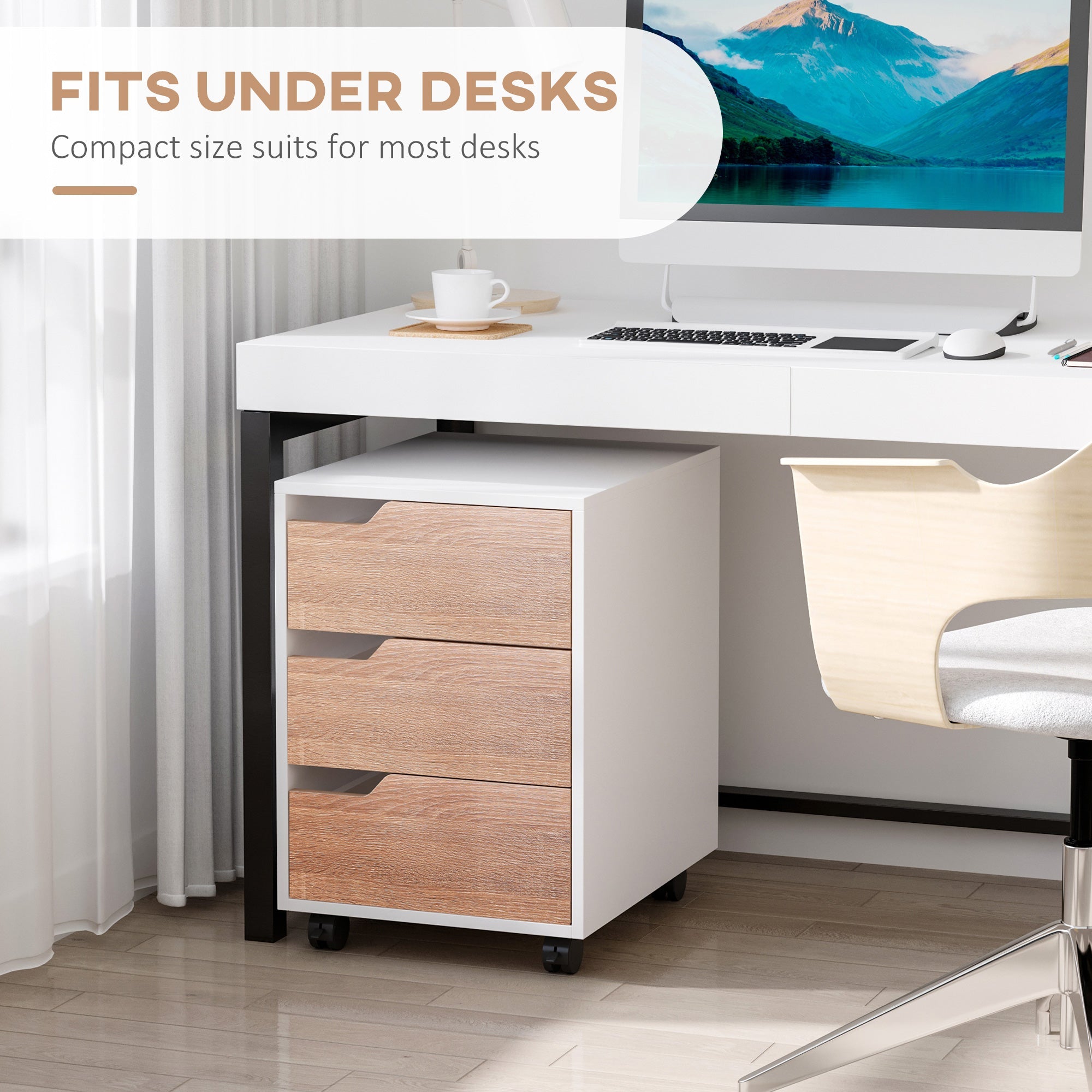 HOMCOM Mobile File Cabinet 3 Drawers Vertical Filing Organizer Wheels Office Storage Oak Furniture 