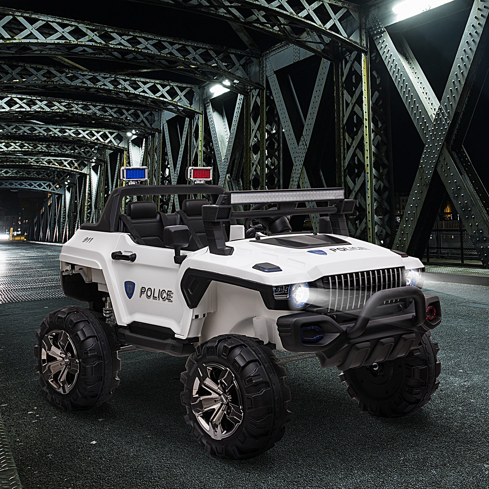 Aosom 12V Kids Police Truck Ride-On Car RC 2-Seater with LED Lights MP3 Parental Remote Control White 