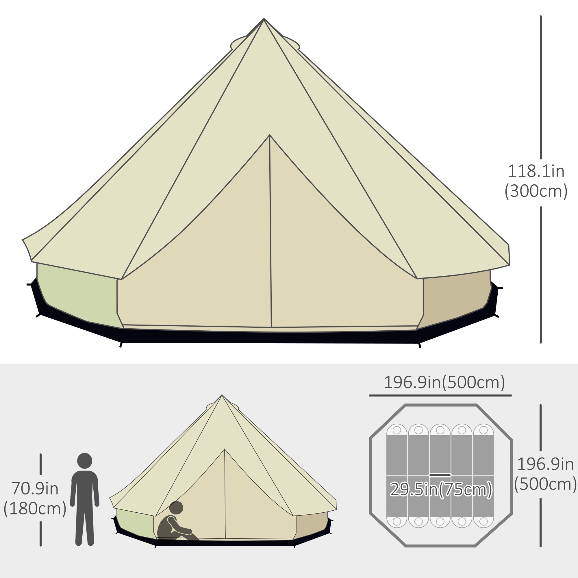 Outsunny Large Family Camping Teepee 16.4' Canvas Bell Tent Outdoor Hunting Shelter Beige 