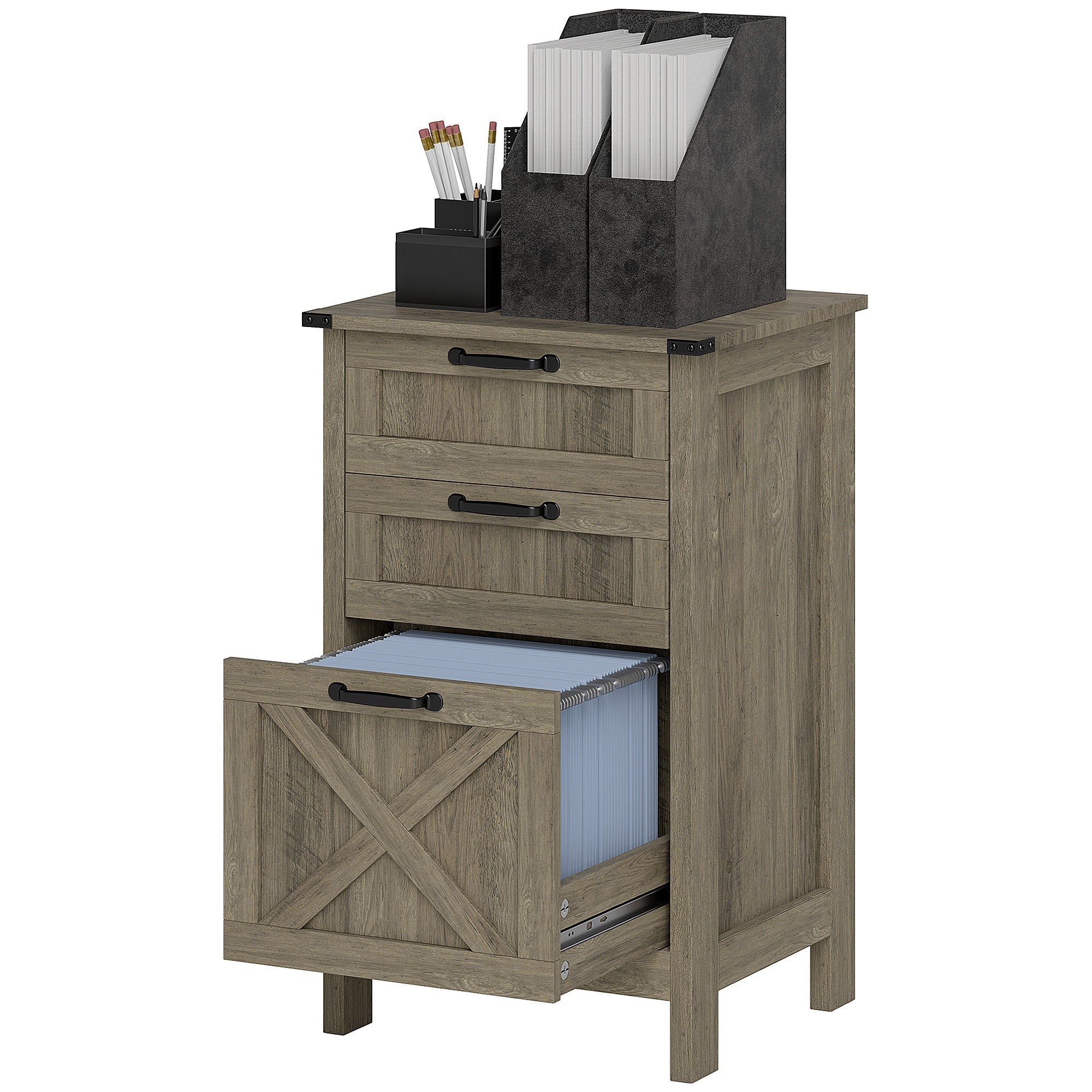 HOMCOM Vertical Filing Cabinet with 3 Drawers, Rustic Farmhouse Office Storage Cabinet for A4, Letter Size, Grey Wash 
