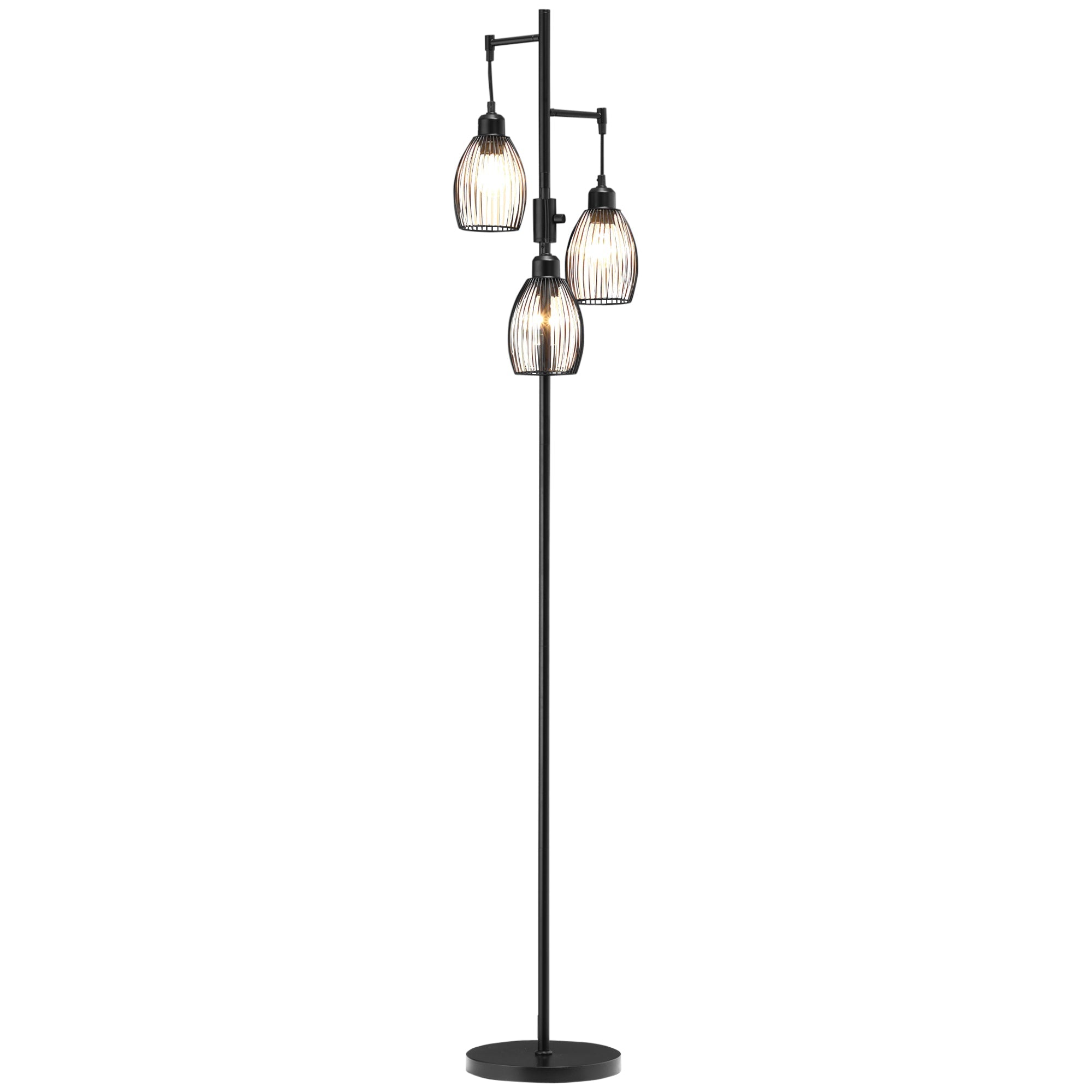HOMCOM Industrial Floor Lamp 3 Hanging Shades Dimmable for Living Room Bedroom Black 
