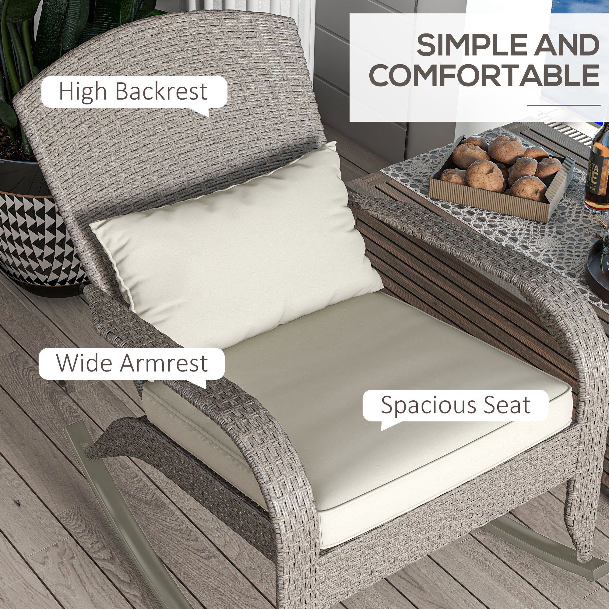 Outsunny Adirondack Rocking Chair Outdoor Wicker with High Back Seat Cushion Pillow for Porch Balcony Cream White 