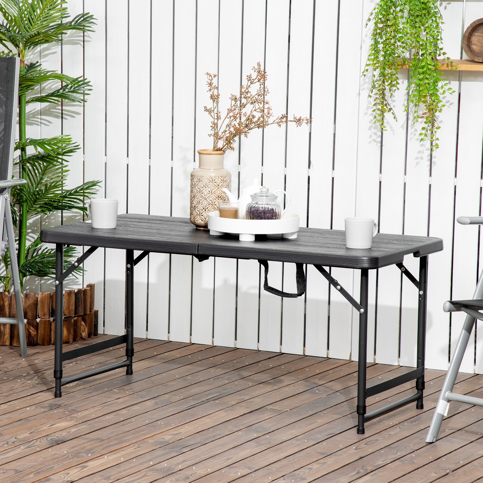Outsunny Foldable Patio Dining Table for 4, Height Adjustable Outdoor Table for Garden Lawn Backyard, Dark Grey 