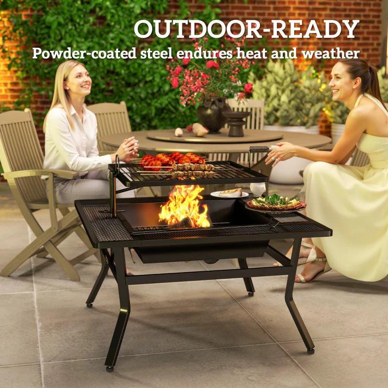 Square Outdoor Fire Pit Firepit with Adjustable Grill Grate, Wood Fire Pit with Adjustable Foot Pads, Outer Ledge, Poker for Backyard Bonfire Picnic, Black