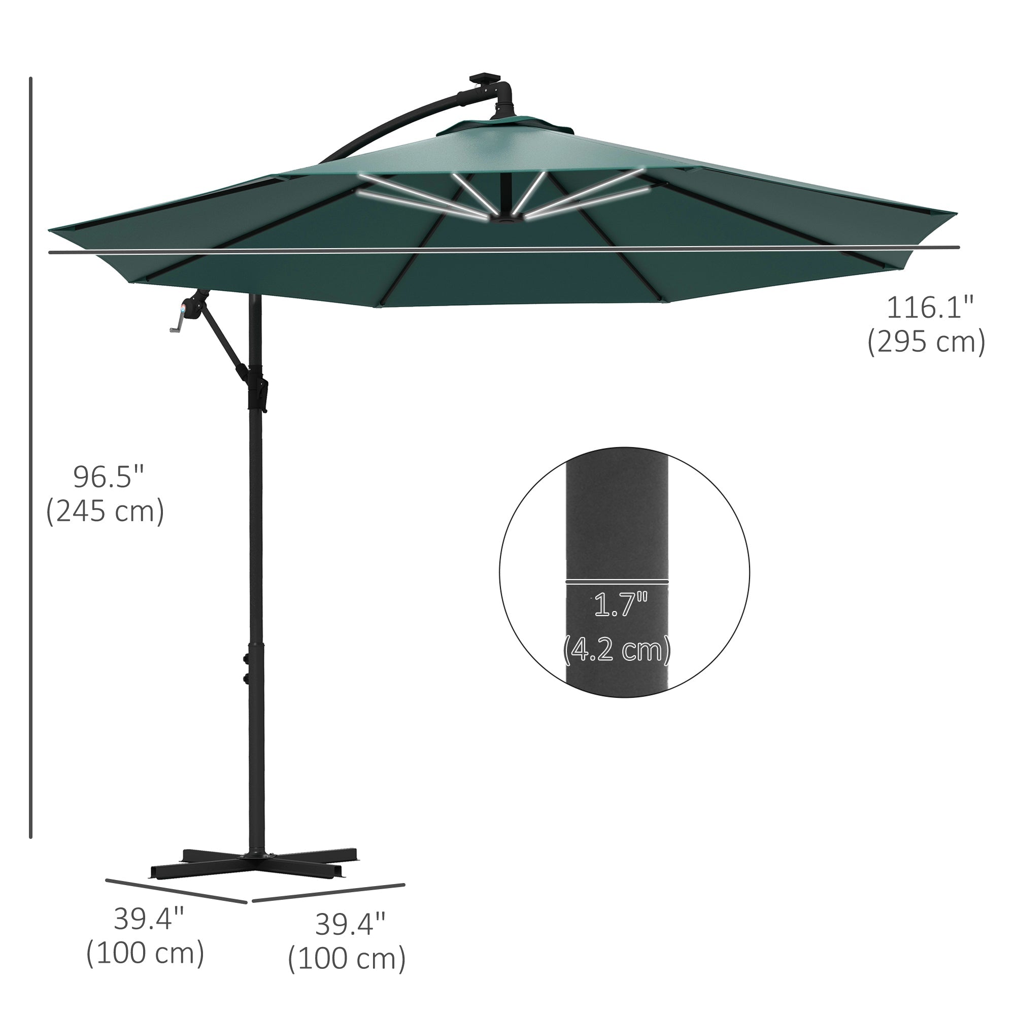 Outsunny 10ft Outdoor Cantilever Hanging Offset Umbrella with Solar LED Lights, Crank, Cross Base, Aluminum Frame, Green 