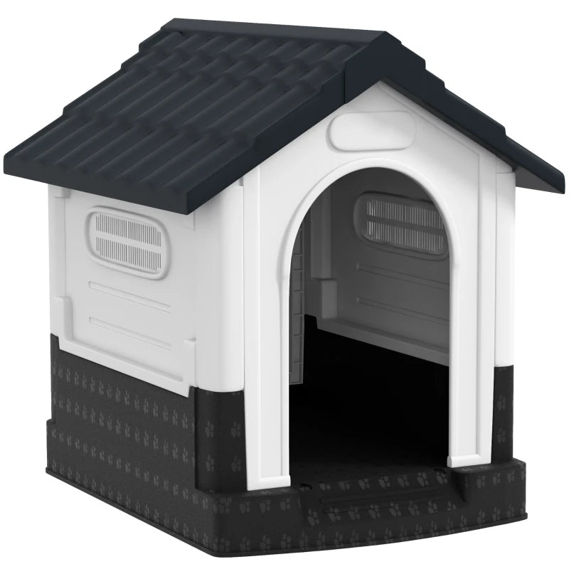 Outside Dog Kennel House with Windows, Base Support, for Garden Patio, Miniature Dogs, 64.5 x 57 x 66cm, Dark Grey