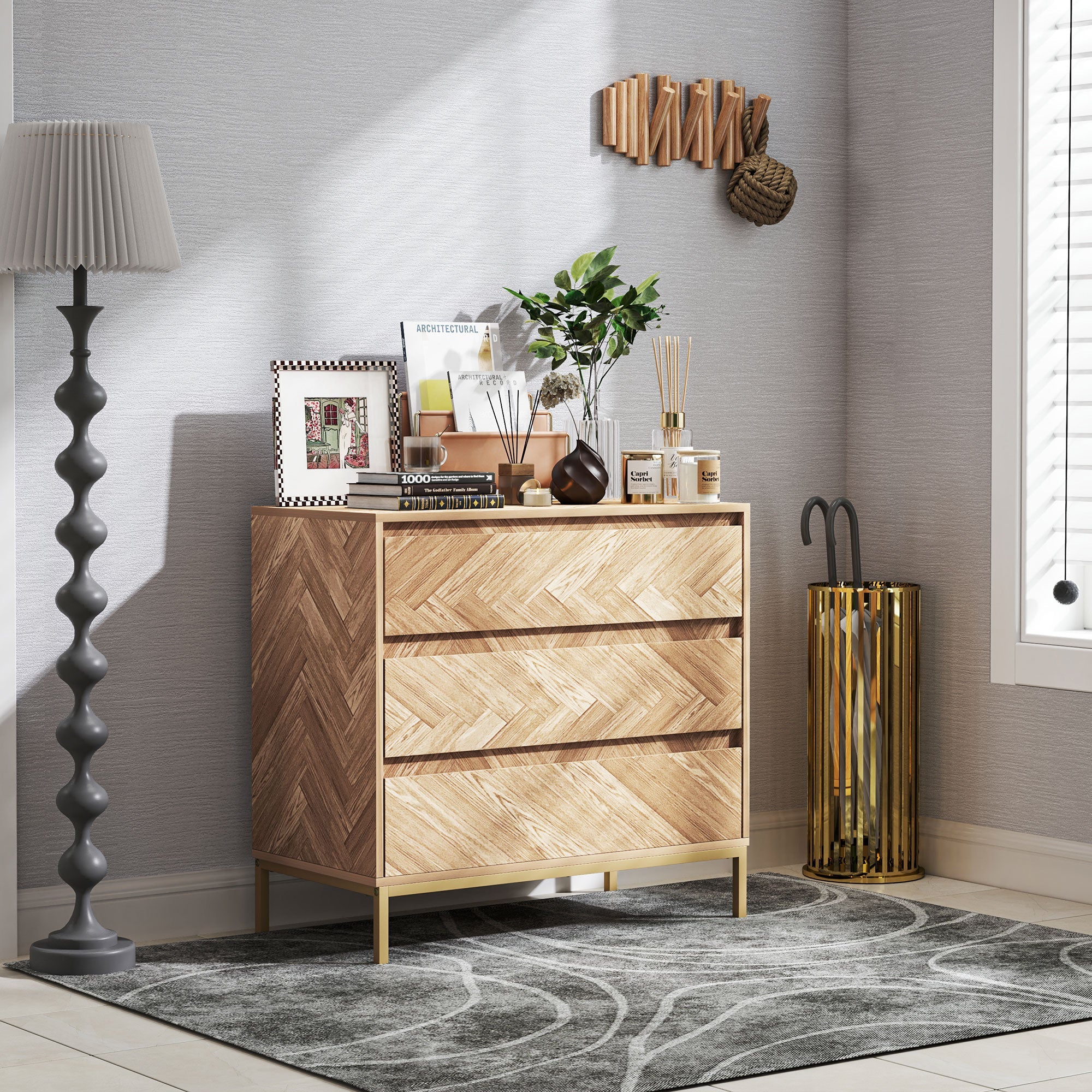 HOMCOM Bedroom Chest of Drawers with Anti-tipping Design, Storage Cabinet with 3 Drawers for Living Room, Hallway, Nature Wood 