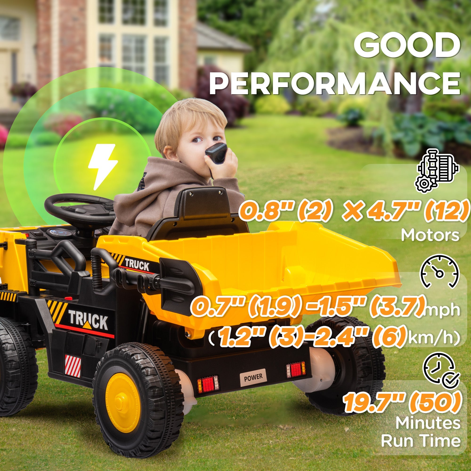 Qaba 12V Kids Ride On Dump Truck Construction Vehicle w/ Electric Dump Bed, Shovel, Spring Suspension Wheels 