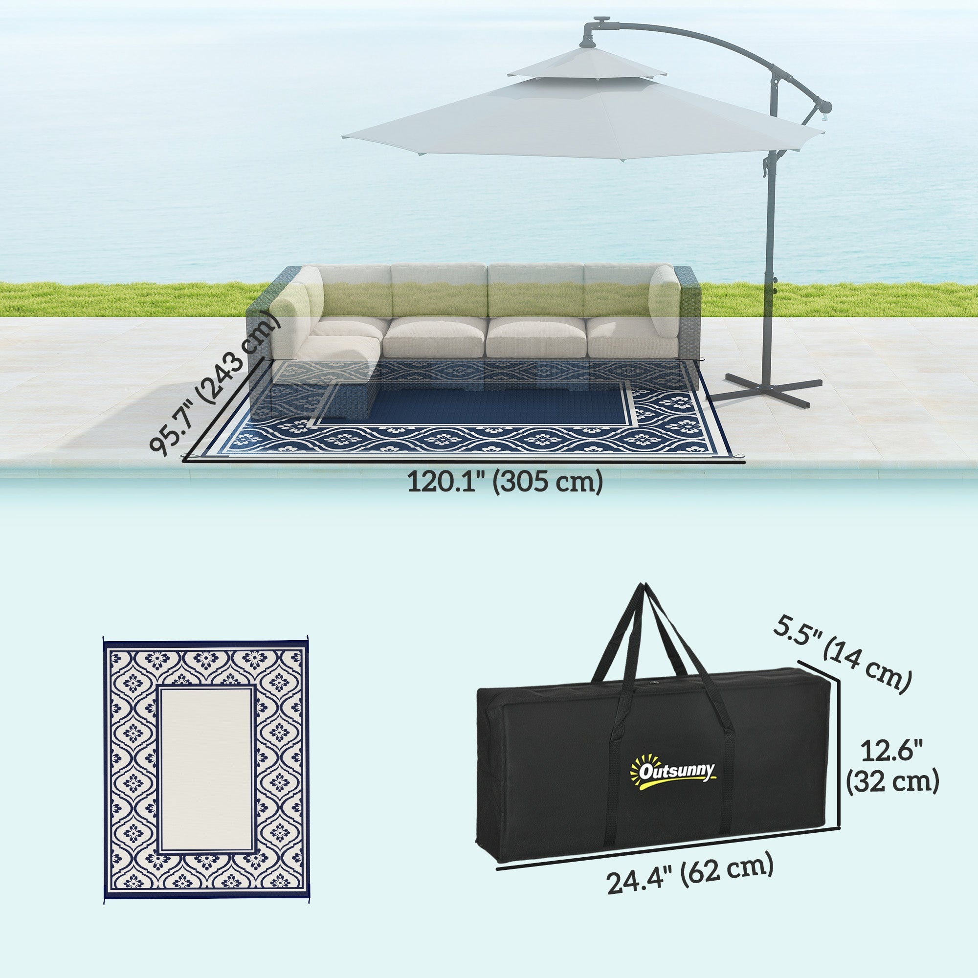 Outsunny 8' x 10' Outdoor RV Rug, Reversible Patio Floor Mat with Carry Bag, Gourd Border, Blue and White 