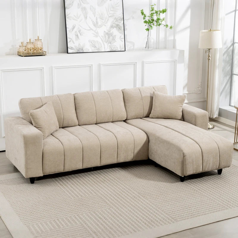 Sectional Couch with Integrated Seat, 3 Seater L-Shaped Sofa with Changeable Chaise, Spring Cushion, 2 Pillows, Beige