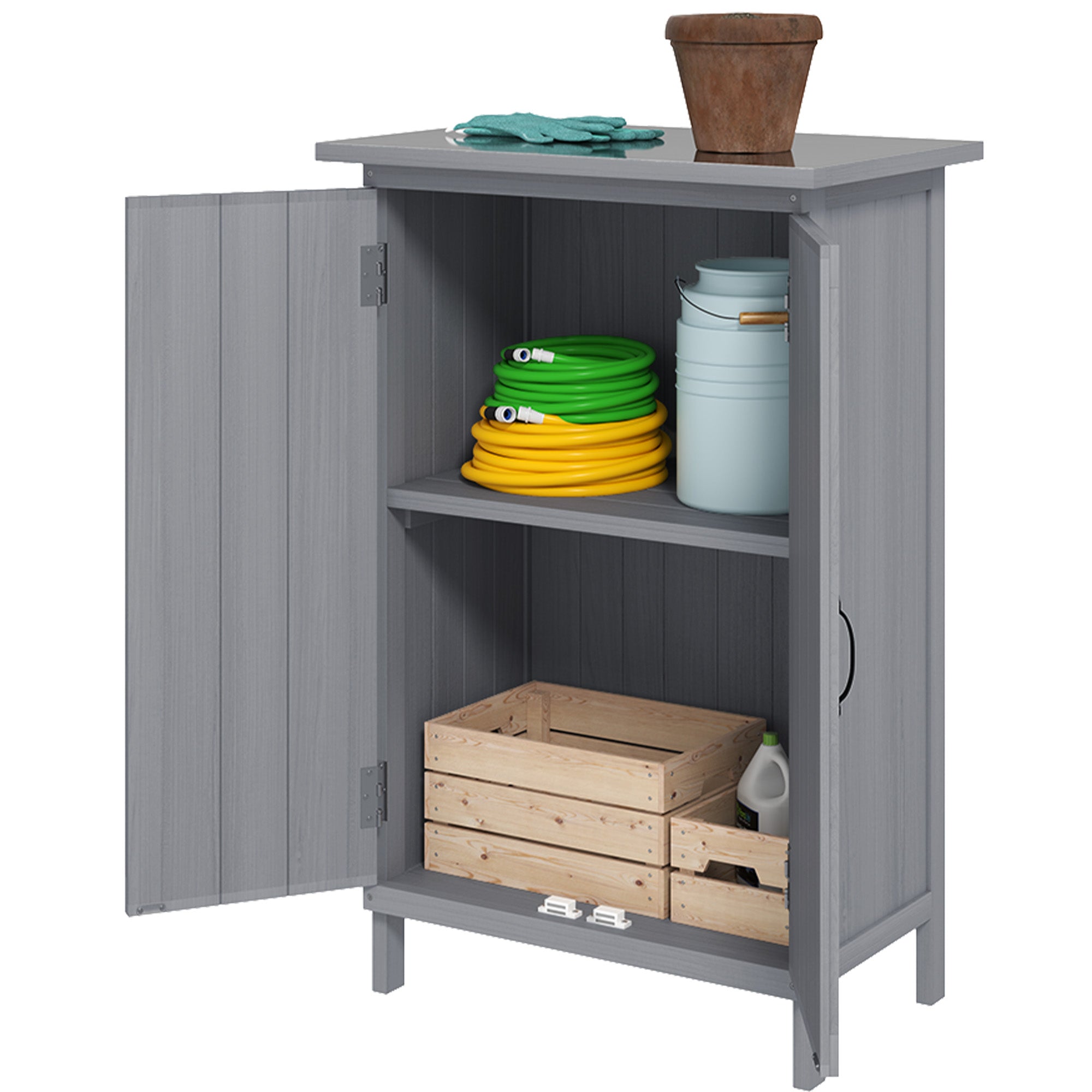 Outsunny Outdoor Storage Cabinet, Wooden Garden Storage Shed with 2-Tier Shelves, Metal Tabletop and Magnetic Doors, Grey 