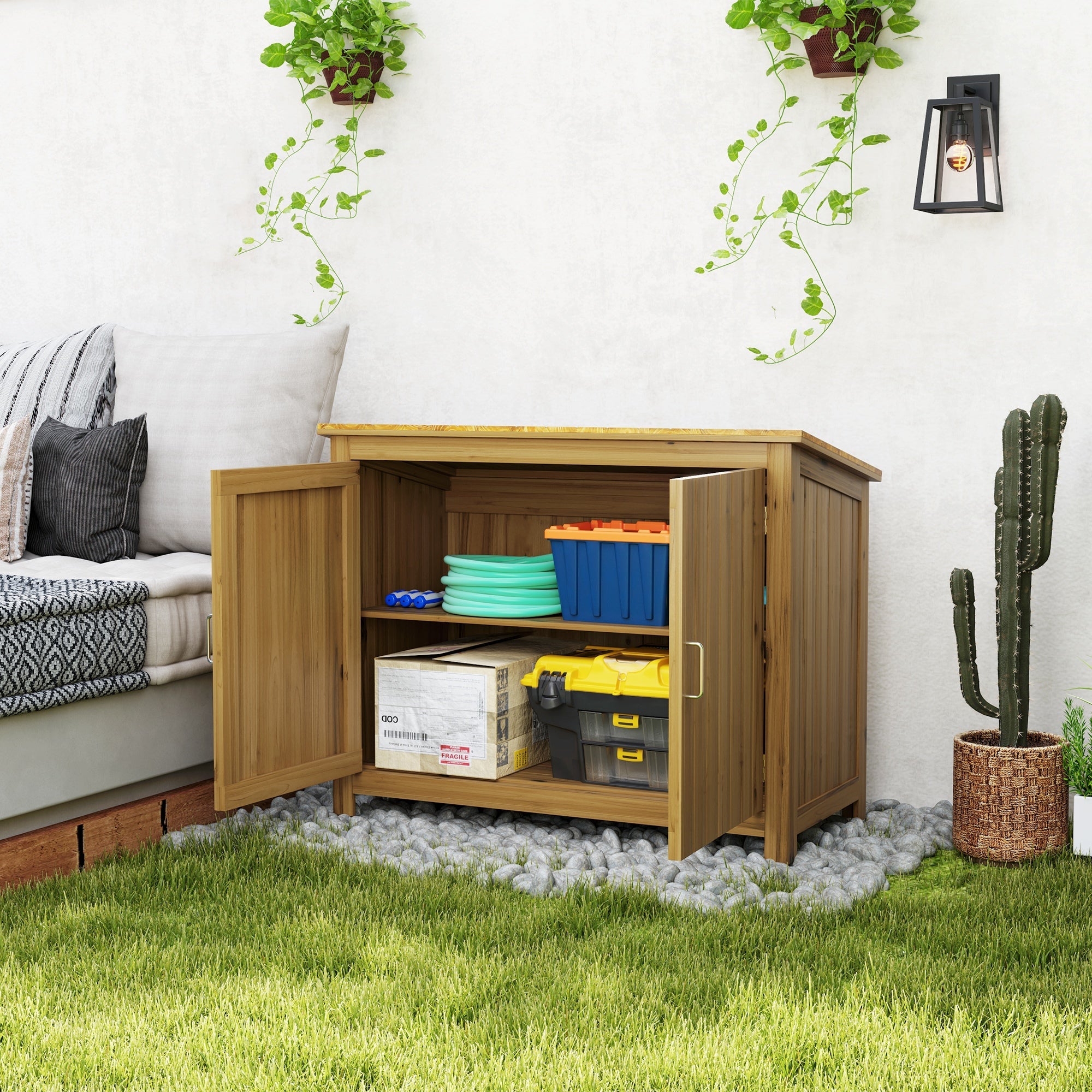 Outsunny Wooden Garden Shed, Compact Outdoor Storage Cabinet with 2 Shelves and 2 Doors for Patio, Deck, Lawn, 43" x 20" x 34" 