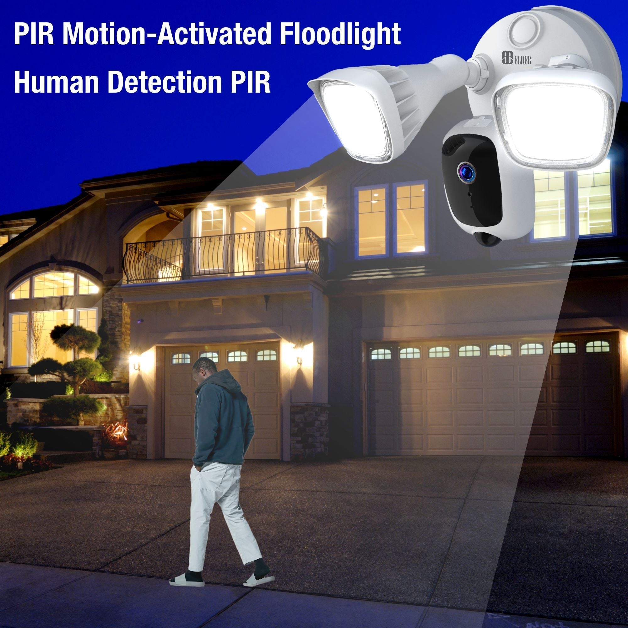 Elder Floodlight Security Camera 2K+ Outdoor WiFi 64GB, DIY Smart Home Semi Wireless, Human Motion PIR Spotlight Siren & Two-Way Talk, Works with Hey Google & Alexa 