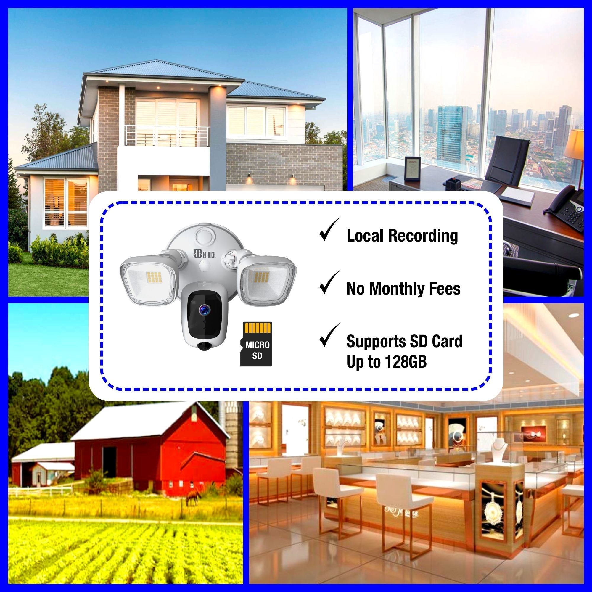 Elder Floodlight Security Camera 2K+ Outdoor WiFi 64GB, DIY Smart Home Semi Wireless, Human Motion PIR Spotlight Siren & Two-Way Talk, Works with Hey Google & Alexa 