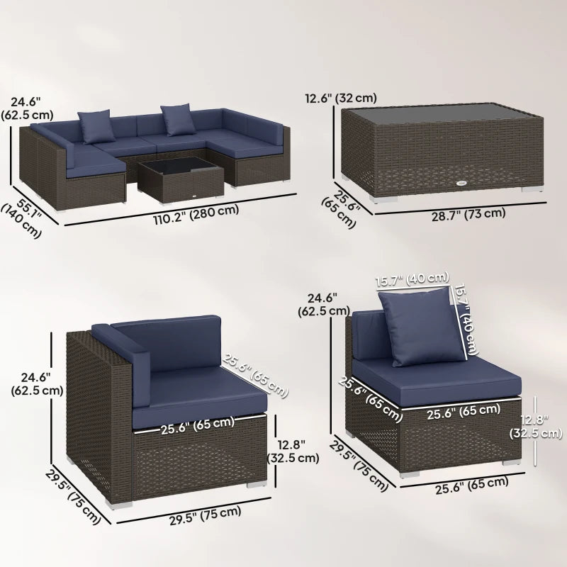 7pc Garden Wicker Sectional Set w/ Tea Table Patio Rattan Lounge Sofa Outdoor Deck Furniture Navy Blue