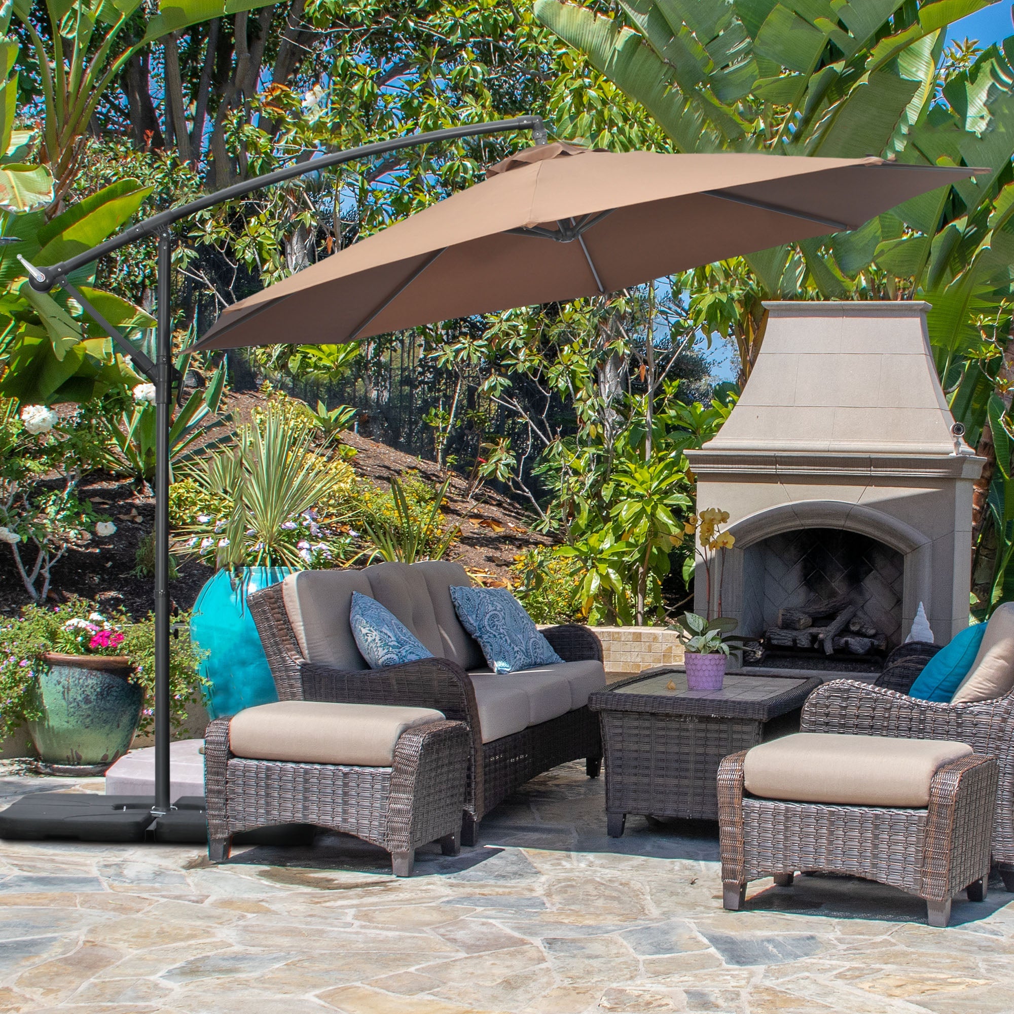Outsunny 9.6ft Cantilever Patio Umbrella: Outdoor Hanging Parasol with UV Resistant Canopy, Crank & Base, Coffee 