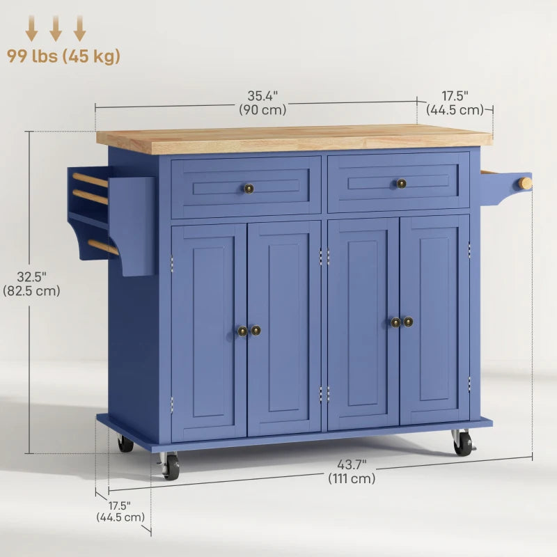 Kitchen Island with Storage, Rolling Trolley Cart with Rubber Wood Top, Spice Rack, Towel Rack, Navy Blue