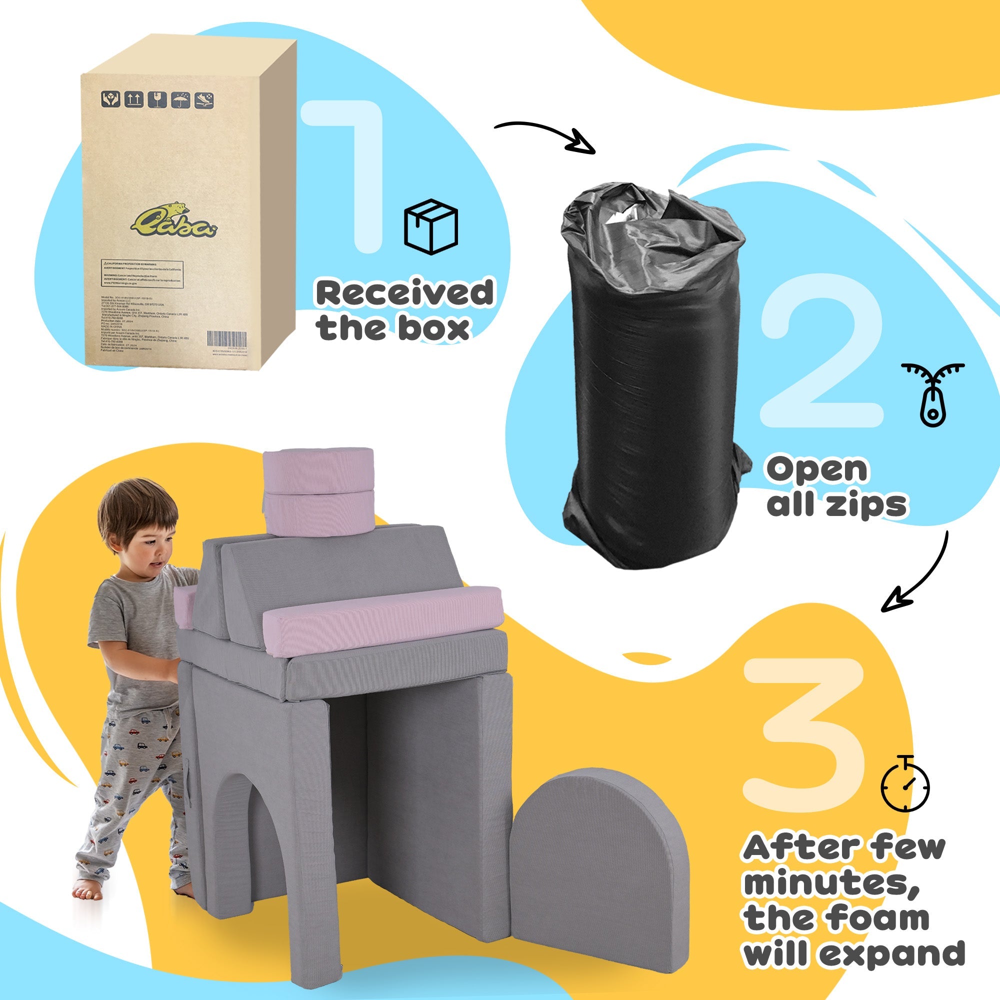 Qaba 12-Piece Modular Kids Play Couch Building Fort for Playroom Bedroom, Convertible Kids Sofa, Grey 