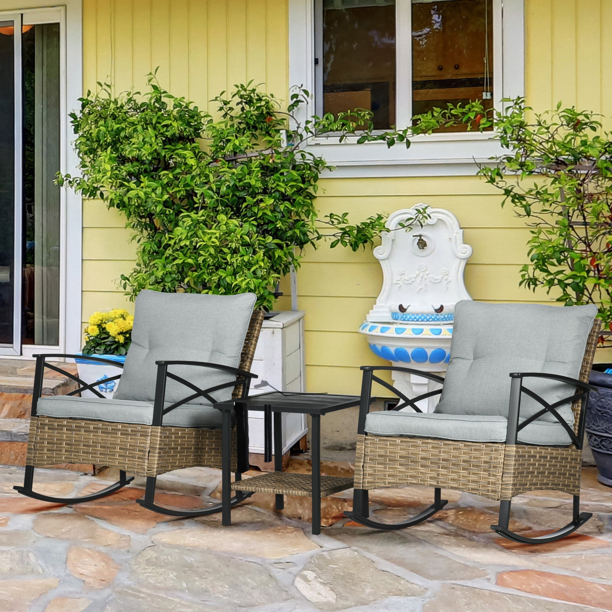 Outsunny Patio Wicker 3 Pieces Rocking Chair Set, PE Rattan Bistro Set with Padded Cushions, Rocker Chairs and Two-tier Iron Plate Top 