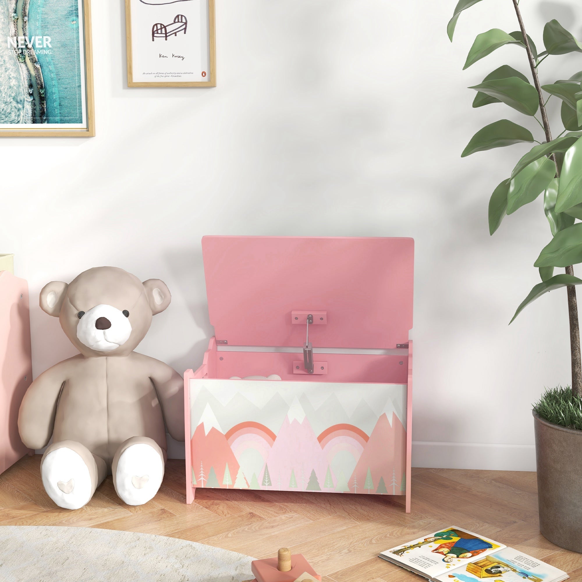 Qaba Kids Toy Box Chest with Safety Lid Organizer for Bedroom Playroom Storage Solution Pink 
