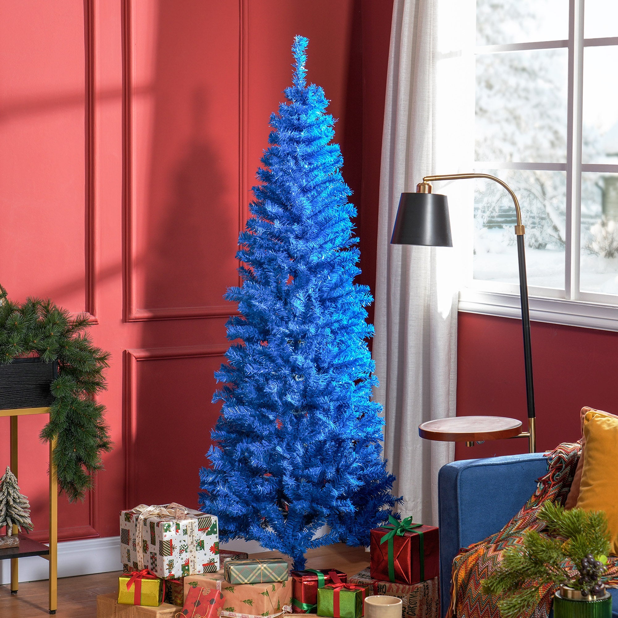 HOMCOM 6FT Pencil Christmas Tree, Artificial Christmas Tree with Automatic Open for Home Party, Blue 