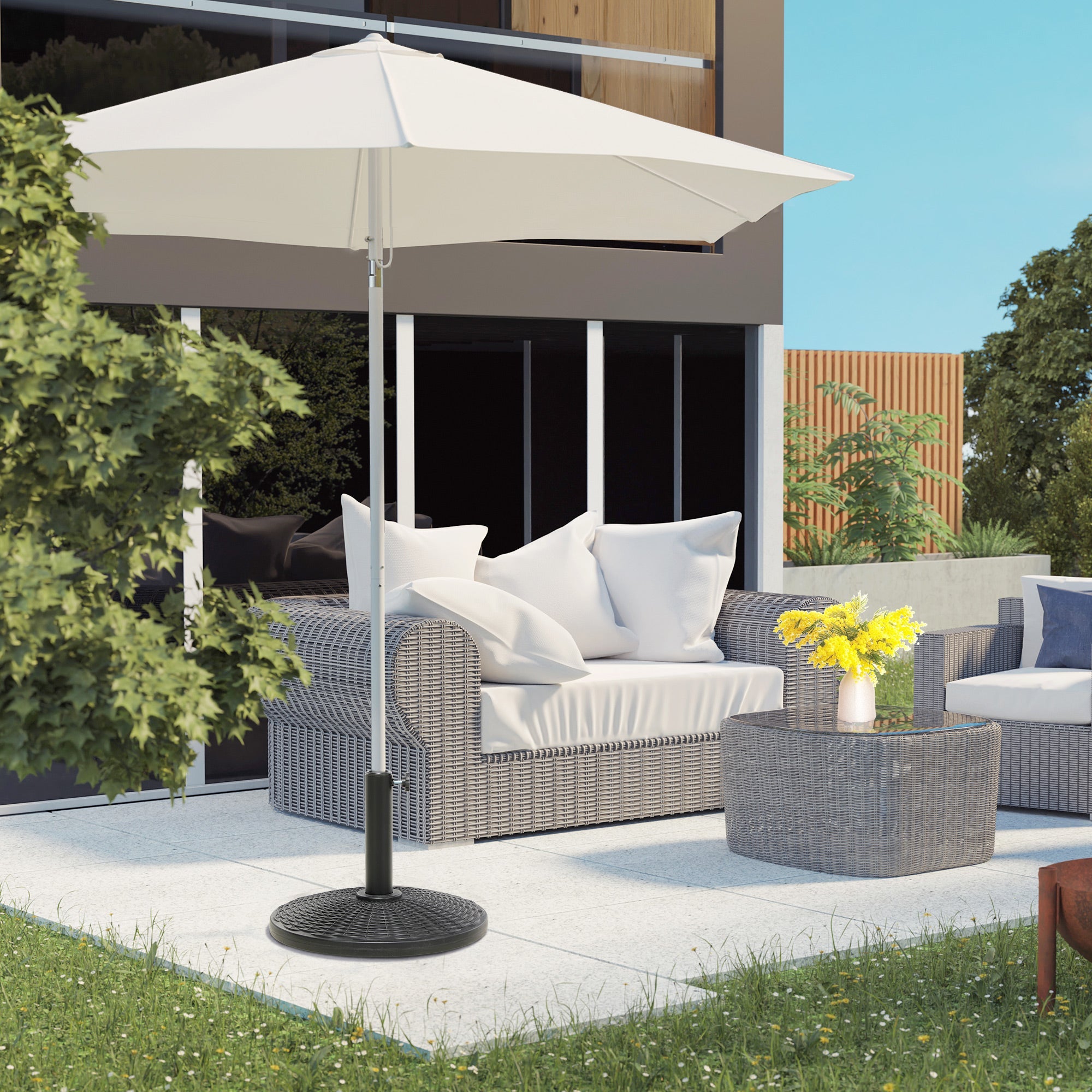 Outsunny 17.5" Round Umbrella Base Holder, 25 lbs Garden Parasol Stand with Rattan Design for Patio, Outdoor, Backyard, Black 