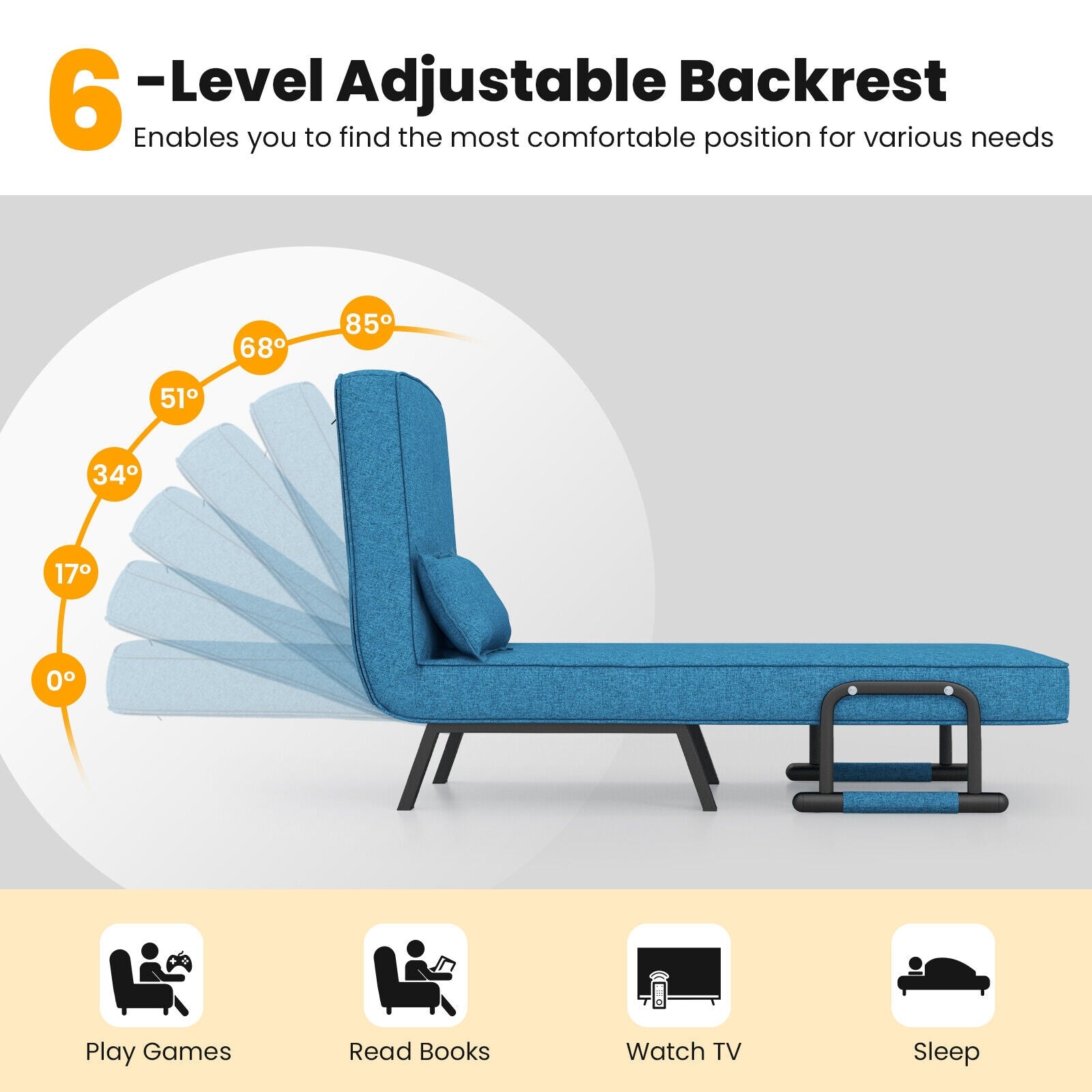 Folding 6 Position Convertible Sleeper Bed Armchair Lounge Couch with Pillow-BlueÂ 