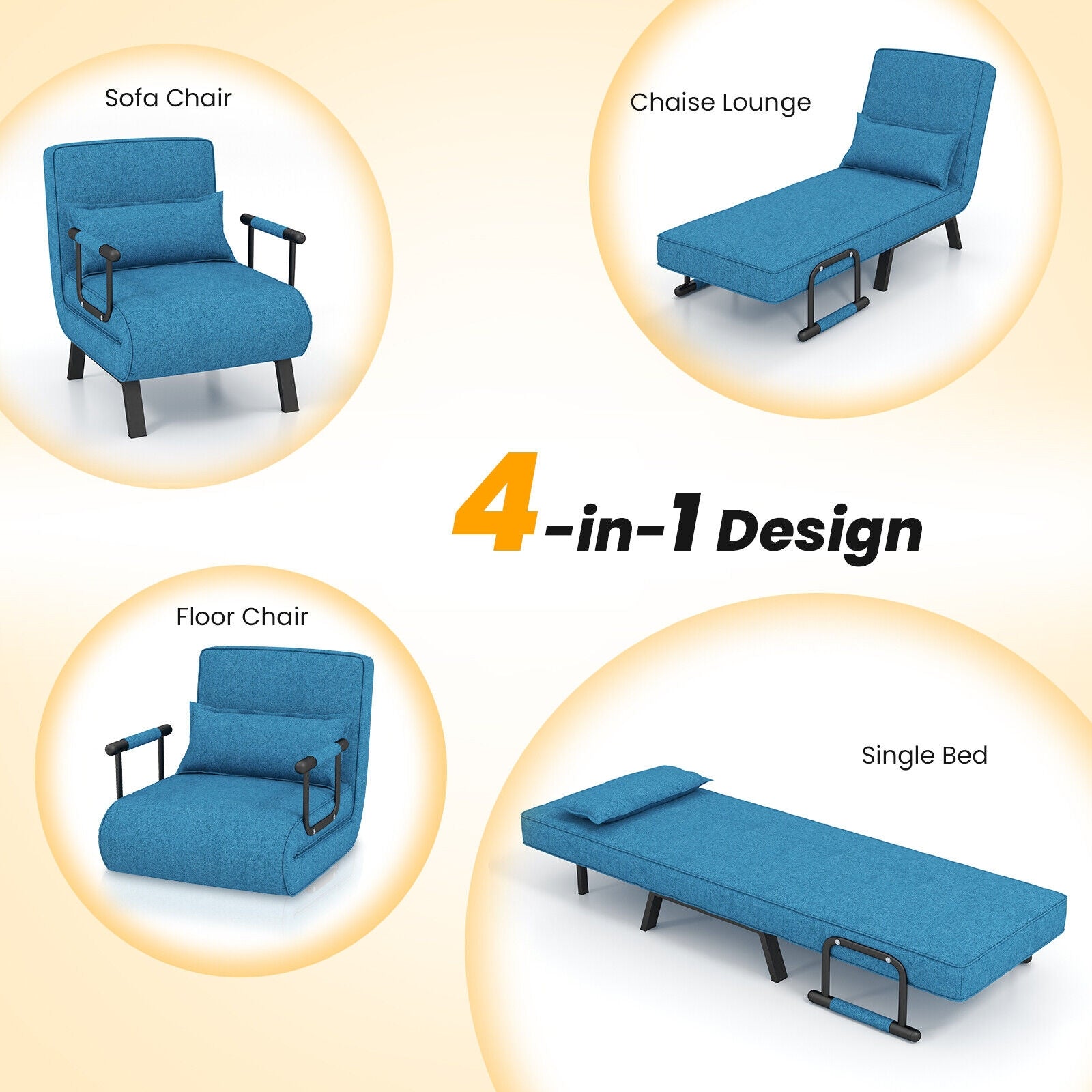 Folding 6 Position Convertible Sleeper Bed Armchair Lounge Couch with Pillow-BlueÂ 