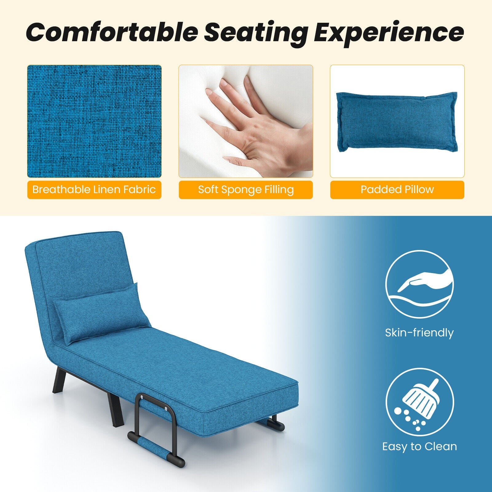 Folding 6 Position Convertible Sleeper Bed Armchair Lounge Couch with Pillow-BlueÂ 