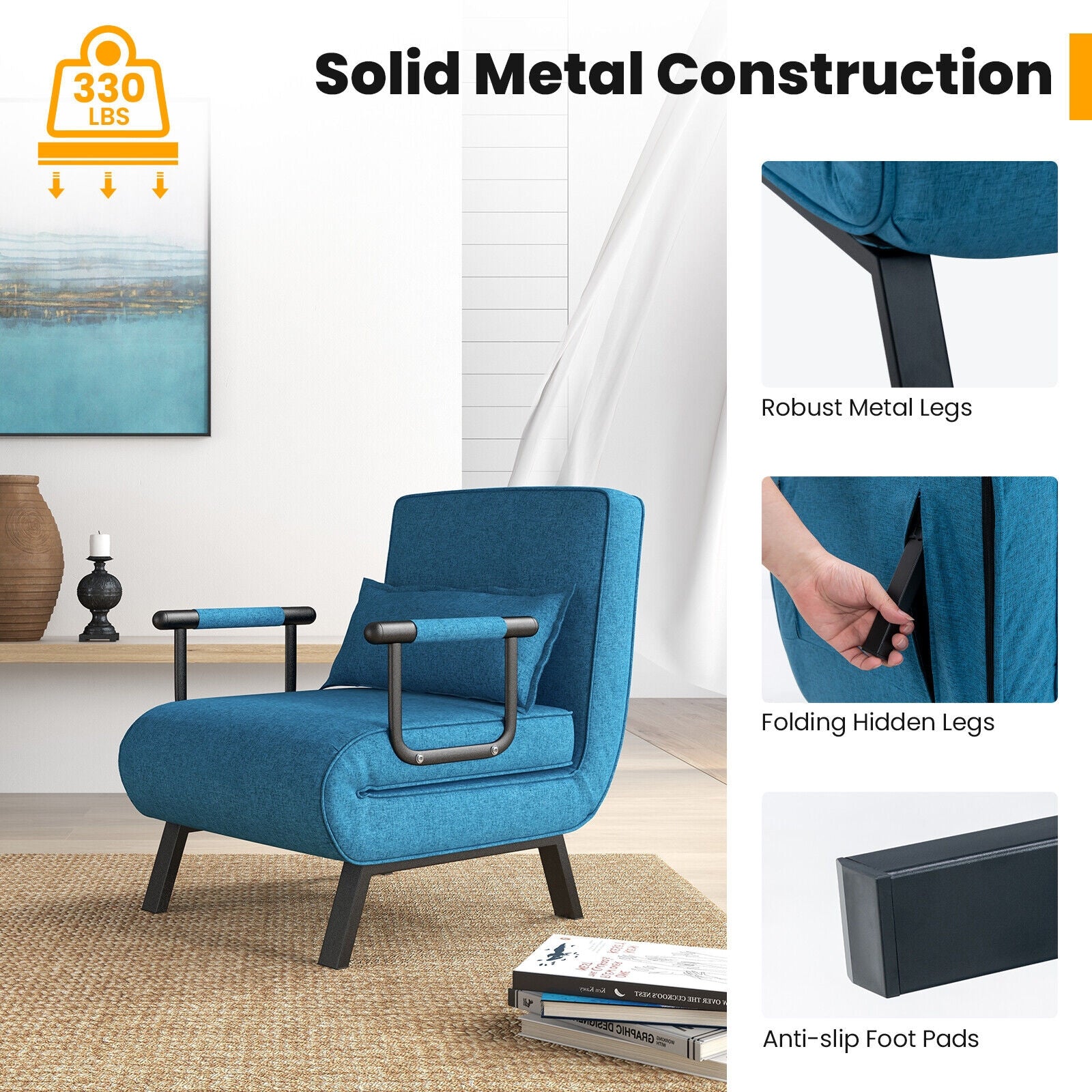 Folding 6 Position Convertible Sleeper Bed Armchair Lounge Couch with Pillow-BlueÂ 
