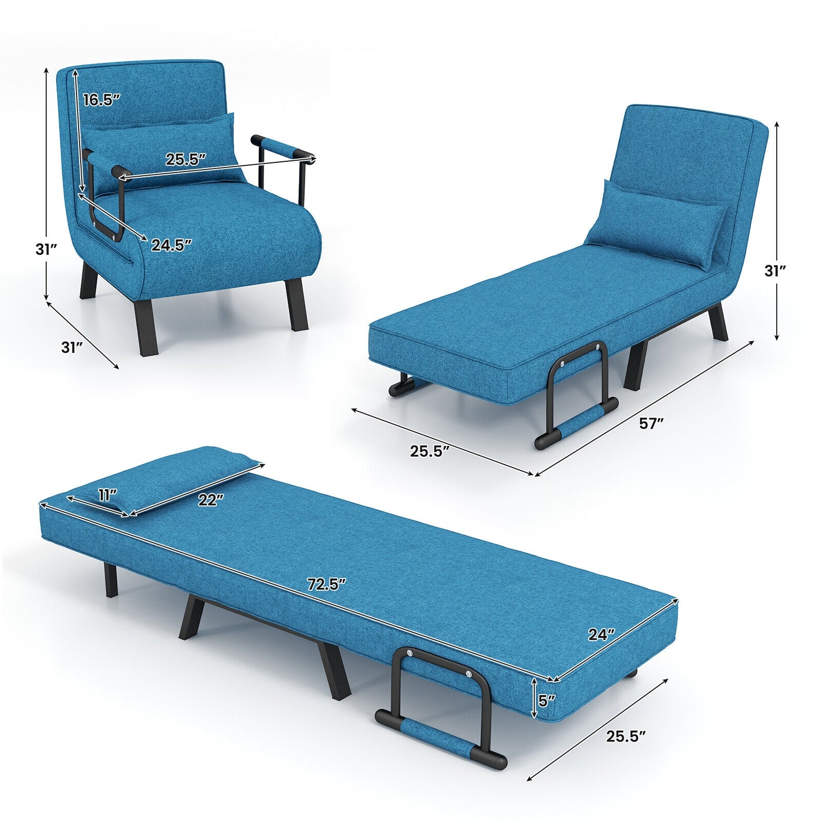 Folding 6 Position Convertible Sleeper Bed Armchair Lounge Couch with Pillow-BlueÂ 