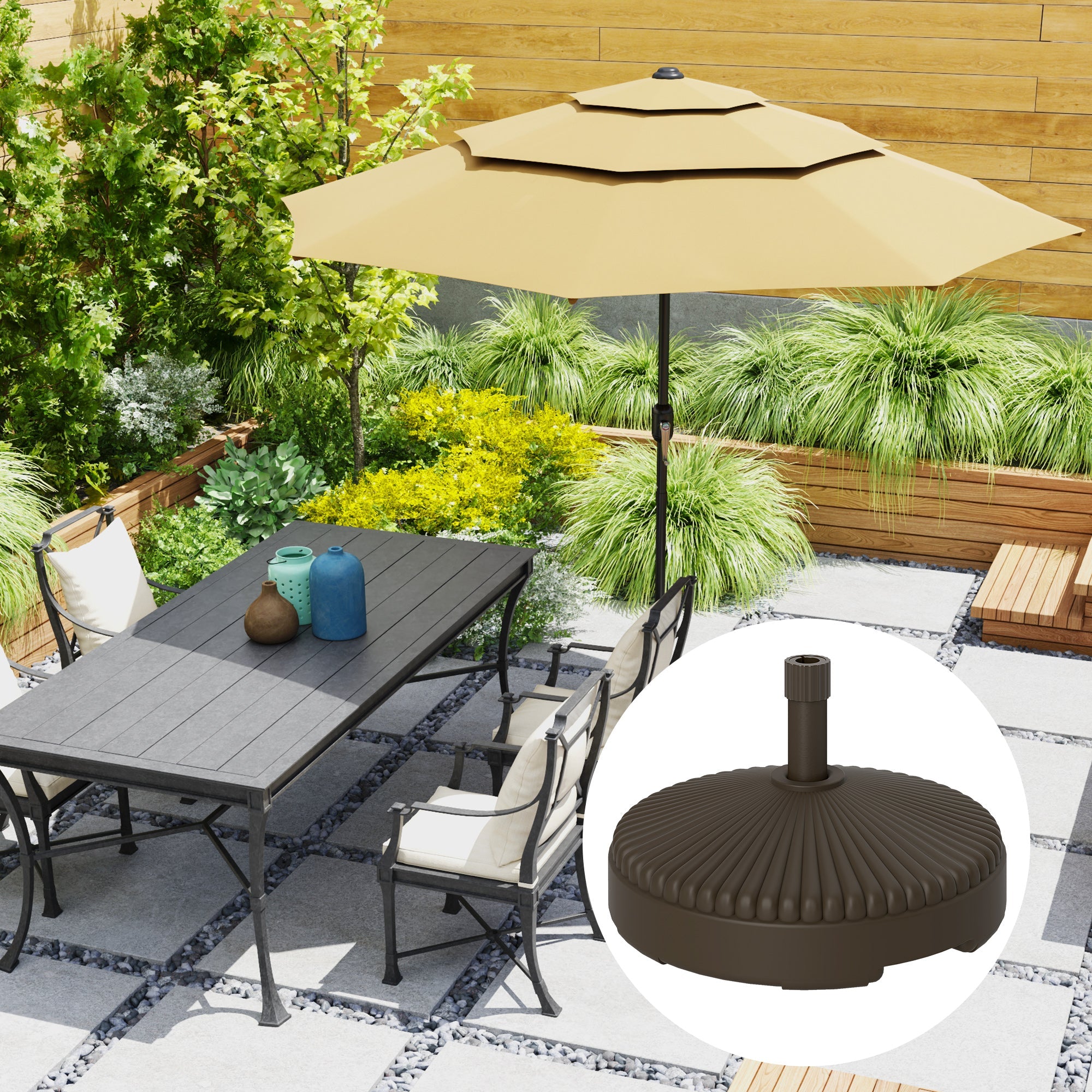 Outsunny Round Patio Umbrella Base Parasol Holder Outdoor Umbrella Stand, Filled Up to 62lbs with Stand or 51lbs with Water for Garden, Poolside, Brown 