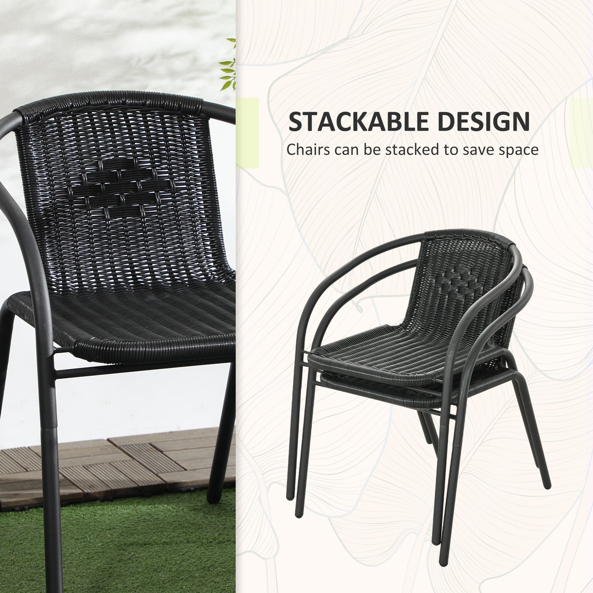 Outsunny 3 Pieces Outdoor Wicker Furniture Set with 2 Stackable Chairs, Tempered Glass Coffee Table for Garden, Backyard, Black 