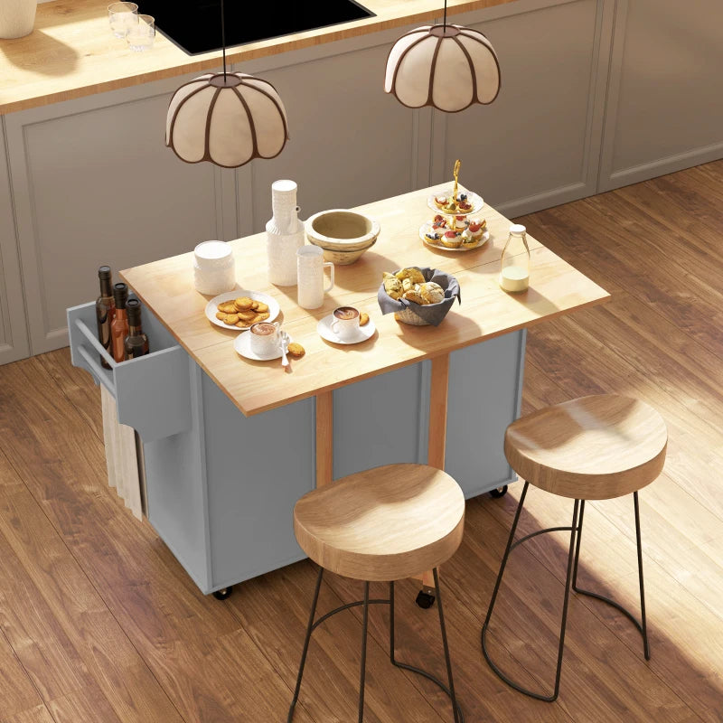 Rolling Kitchen Cart on Wheels with Drop Leaf, Kitchen Island with 3 Drawers, Solid Wood Top and Towel Rack, Grey