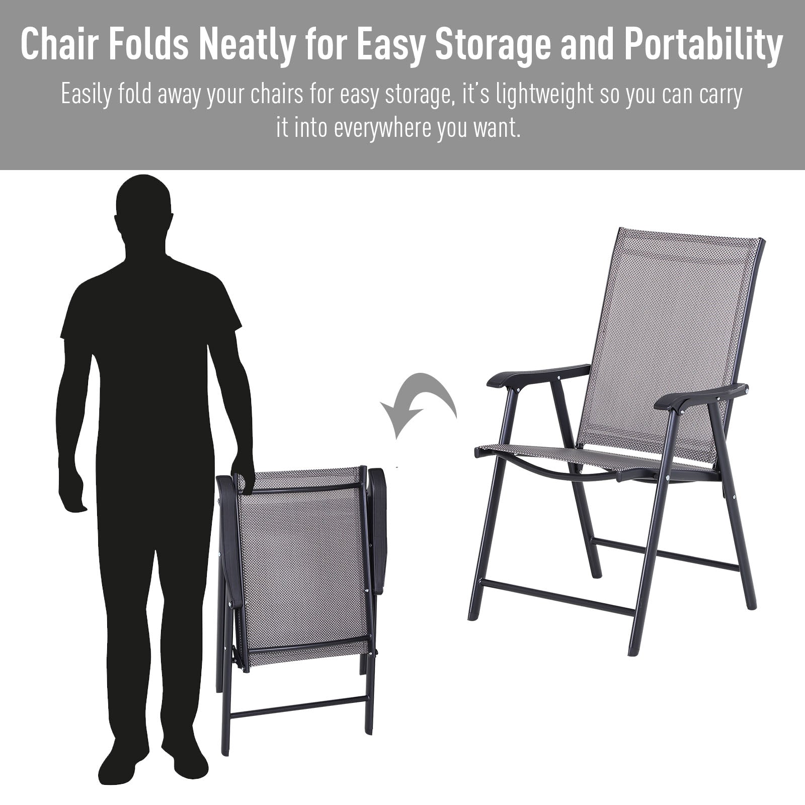 Outsunny Garden Chairs Set of 2 Foldable Steel Outdoor Patio Park Seating Furniture Grey Comfort Durable 