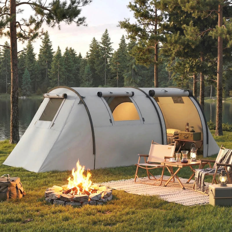 Outsunny 3-4 Person Camping Tent with 2 Rooms, 3000mm Waterproof Family Tunnel Tent with Carry Bag – Grey