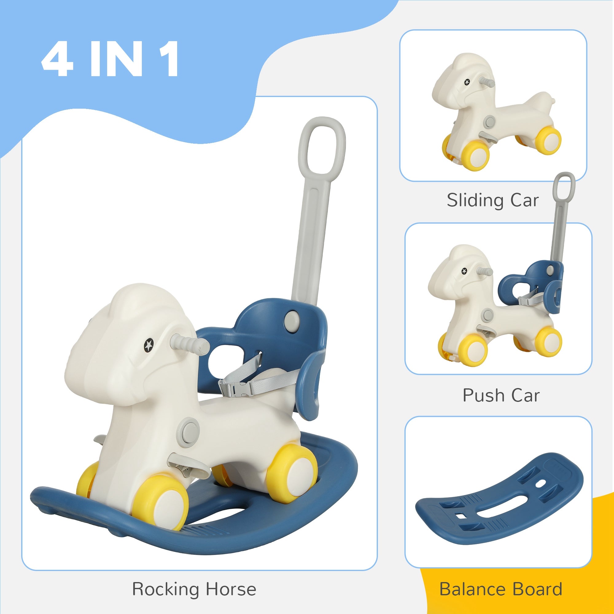 Qaba 4 in 1 Kids Rocking Horse w/ Detachable Balance Board & Push Handel, Blue 