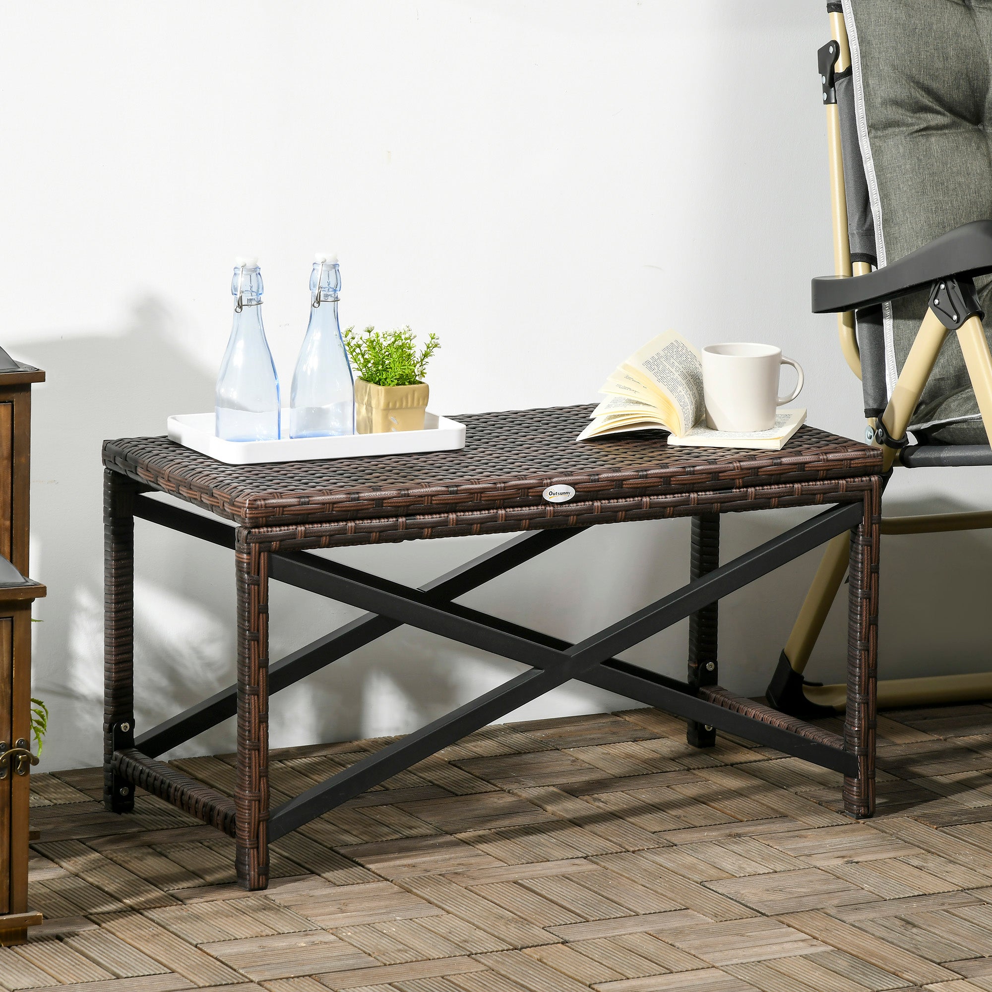 Outsunny Mixed Brown Wicker Patio End Table Outdoor Rattan Side Table with Sturdy Plastic Board Top for Porch Balcony 