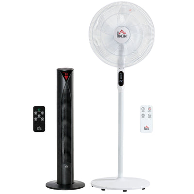HOMCOM Tower Fan and 16" Pedestal Fan Set, with Remote Control, Height Adjustable, Tilted Head, Timer, Oscillating Standing Fans, White 