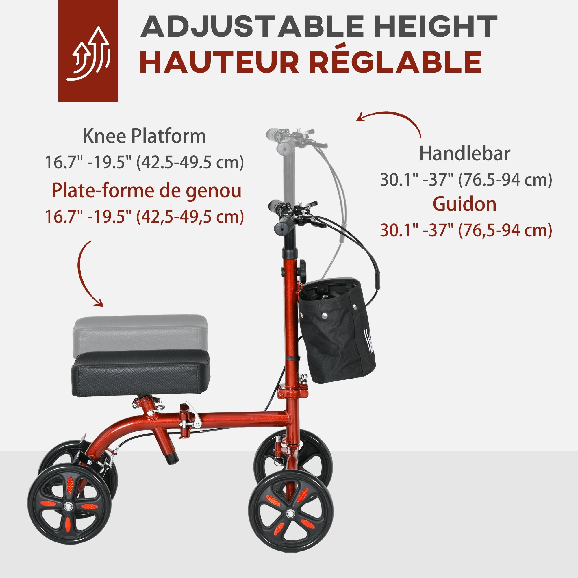 HOMCOM Foldable Knee Scooter Steerable Walker Dual Brakes Adjustable Height Crutch Alternative Mobility Aid Red 