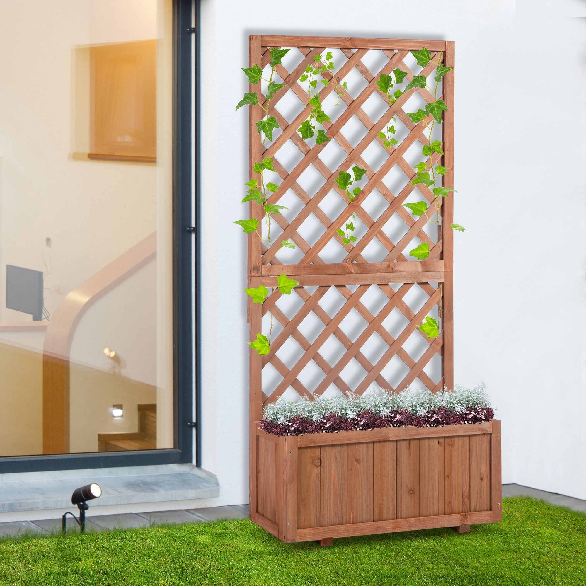 Outsunny Garden Wooden Pine Planter with Trellis for Climbing Plants Flower Raised Bed 2.4x1x4.9ft Orange 