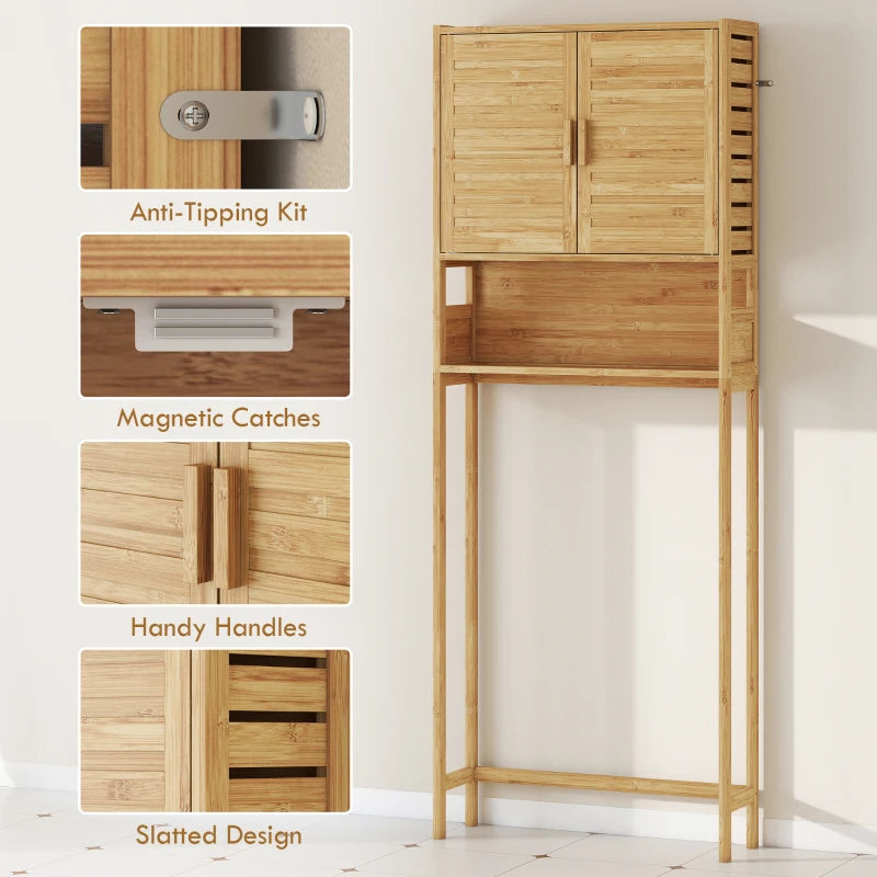 Over the Toilet Cabinet, Bathroom Organizer with 2 Doors, Open Compartment and Adjustable Shelf, Natural Wood Finish