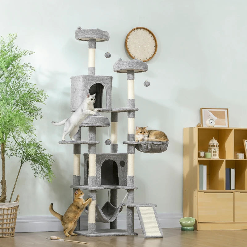 76" Large Cat Tree for Indoor Cats with 8 Scratching Posts, 3 Plush Beds, 2 Hammocks, 2 Large Condos, Ramp, Light Grey