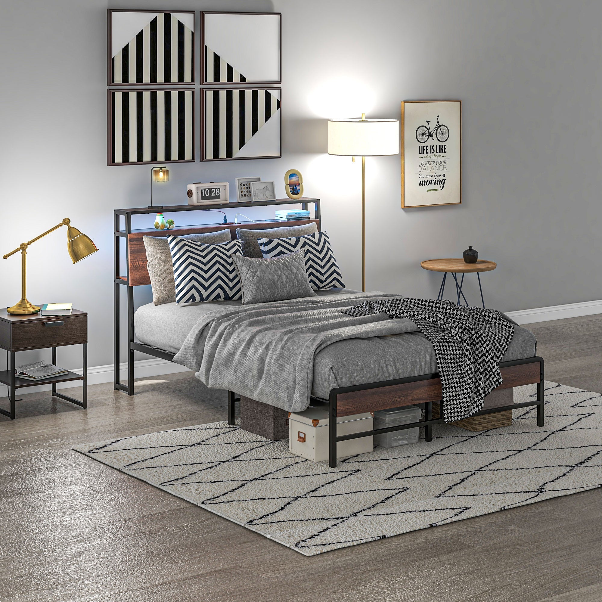 HOMCOM Full Size Bed Frame with LED Lights and Charging Station, Full Bed Frame with Storage Headboard, Noise-Free, Walnut 