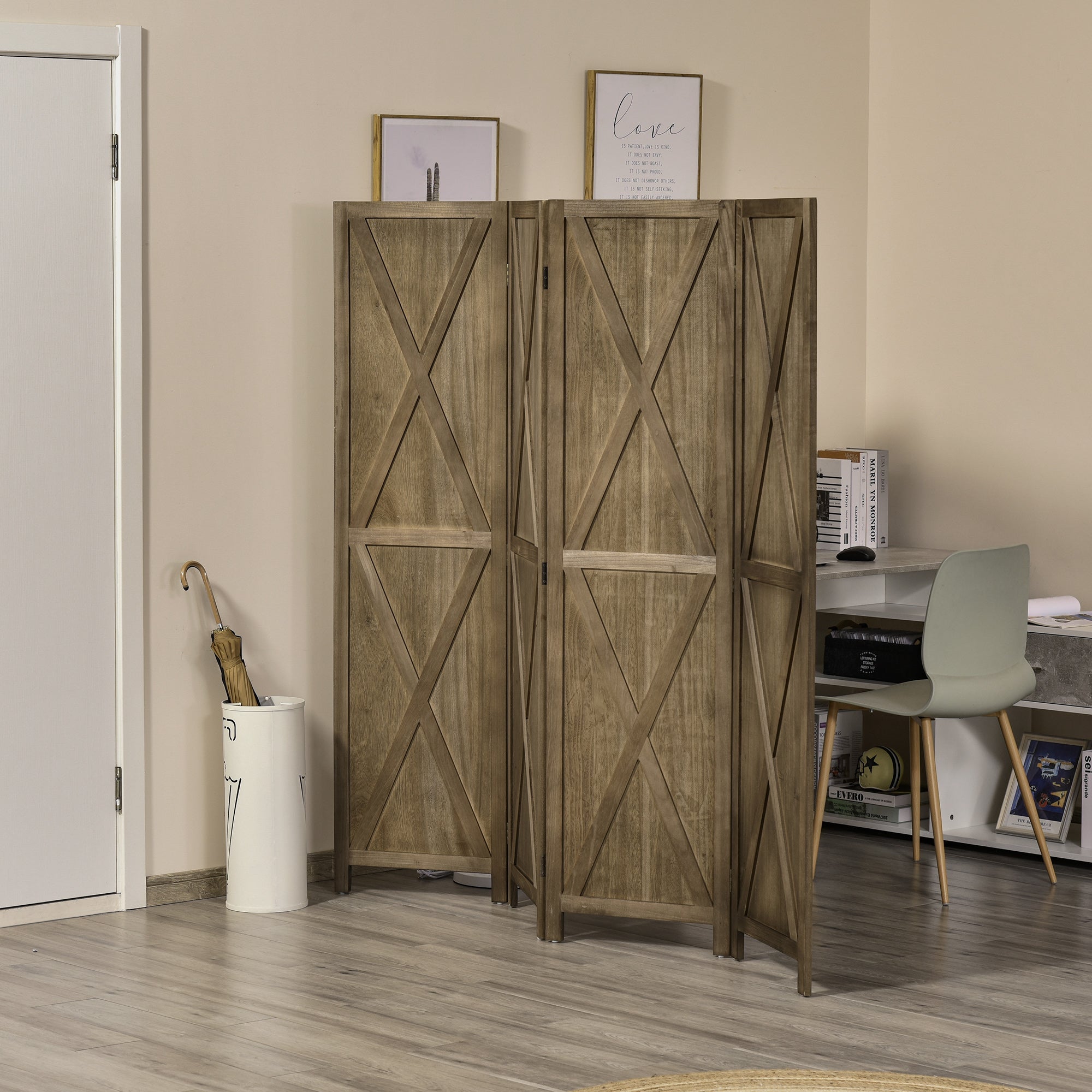 HOMCOM 4-Panel Wall Partition Farmhouse Room Separator: Foldable Design Wooden Frame 5.6FT, Brown 
