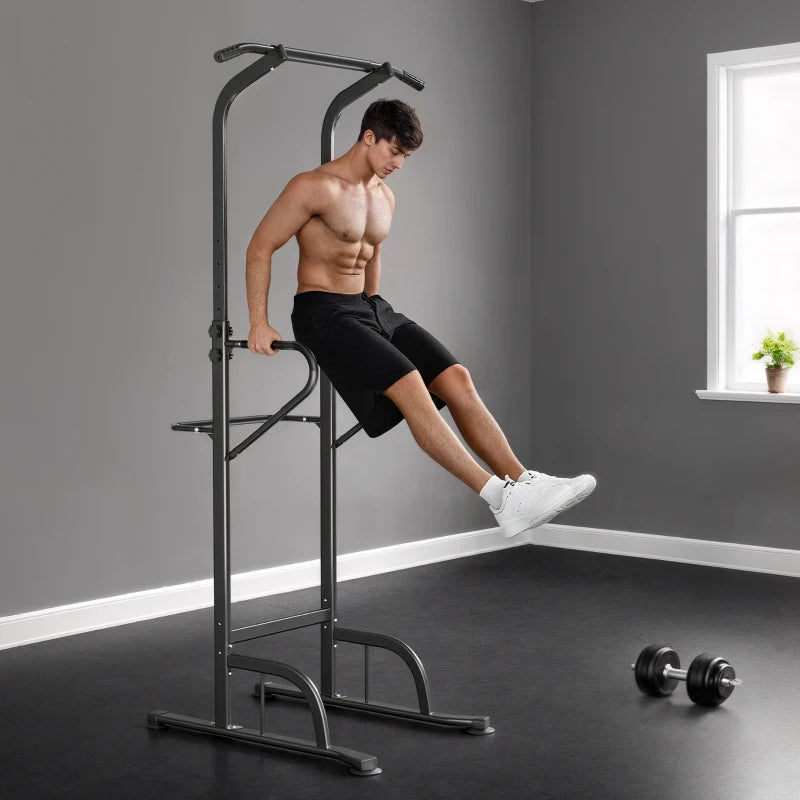 Soozier Power Tower Dip Station Pull Up Bar, Multi-Function Push Up Equipment with Adjustable Height for Home Gym Strength Training Workout Fitness, Black