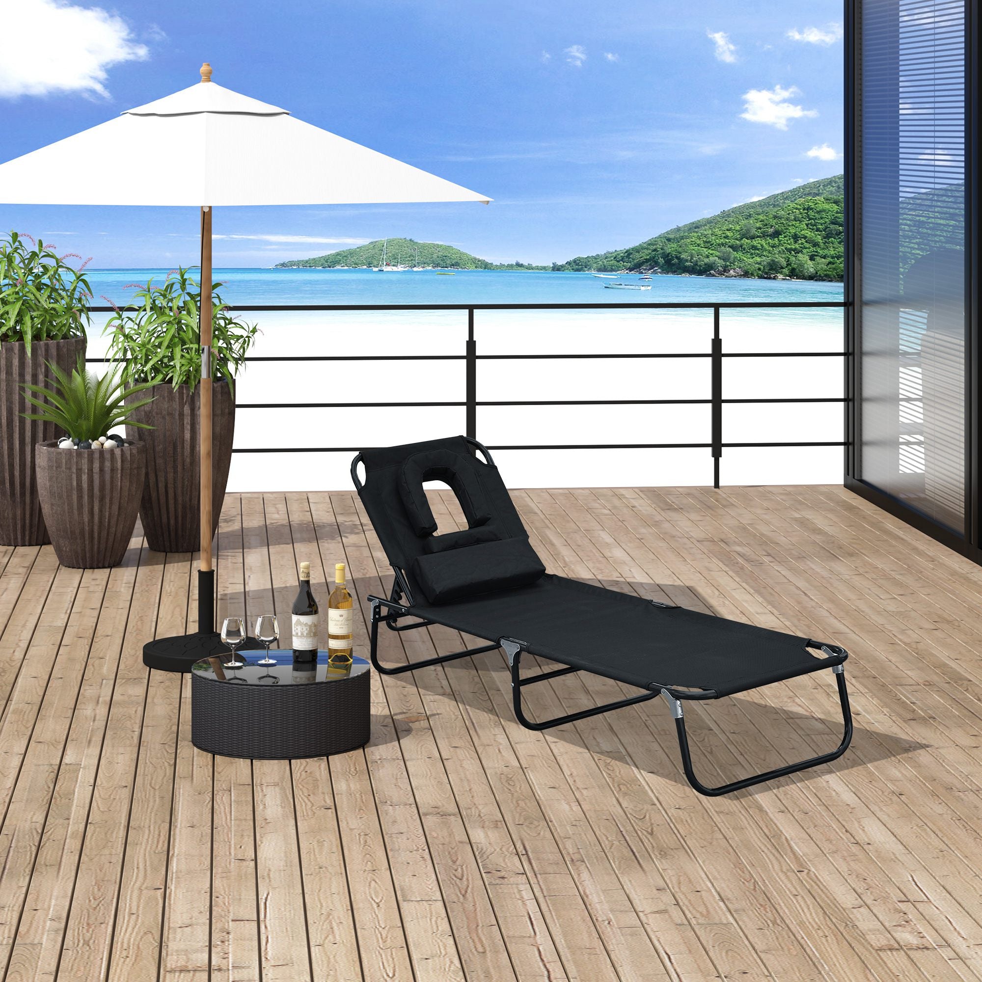Outsunny Sunbathing Sanctuary: Sun Lounger with Reading Hole, Adjustable Garden Outdoor Reclining Chair, Folding Camping Bed, Black 