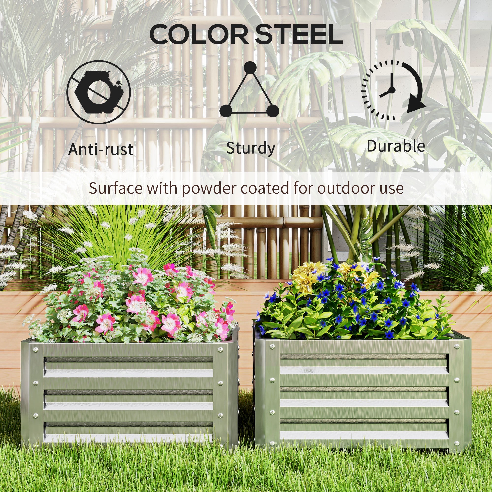 Outsunny 2' x 2' x 1' 2-Pieces Raised Garden Bed with Galvanised Steel Frame for Vegetables, Flowers, Herbs, Silver 