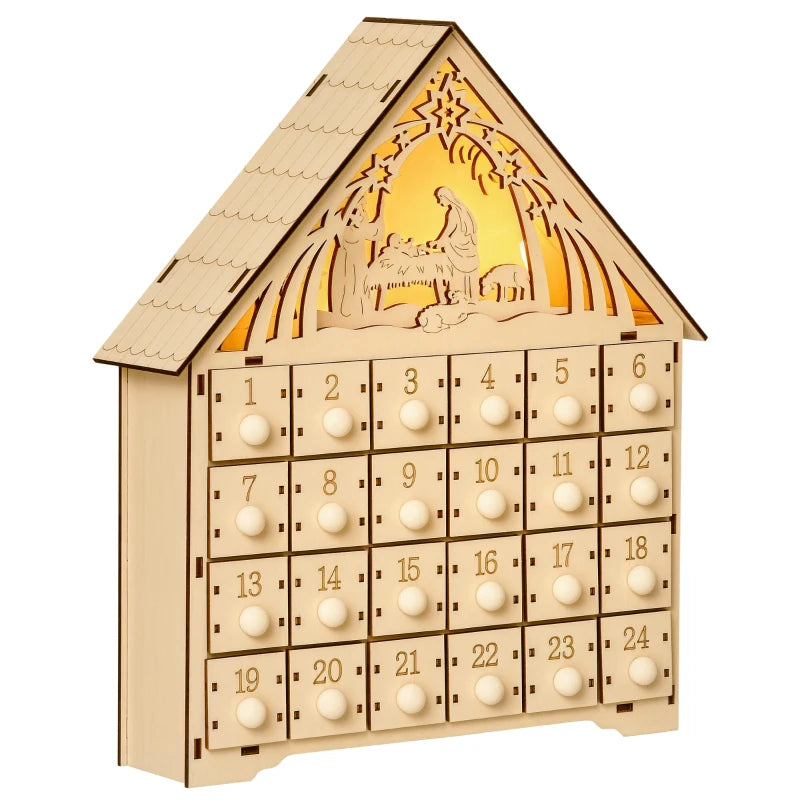 HOMCOM Wooden Christmas Advent Calendar – 24 Fillable Countdown Drawers with LED Lights, Battery Operated, Reusable 