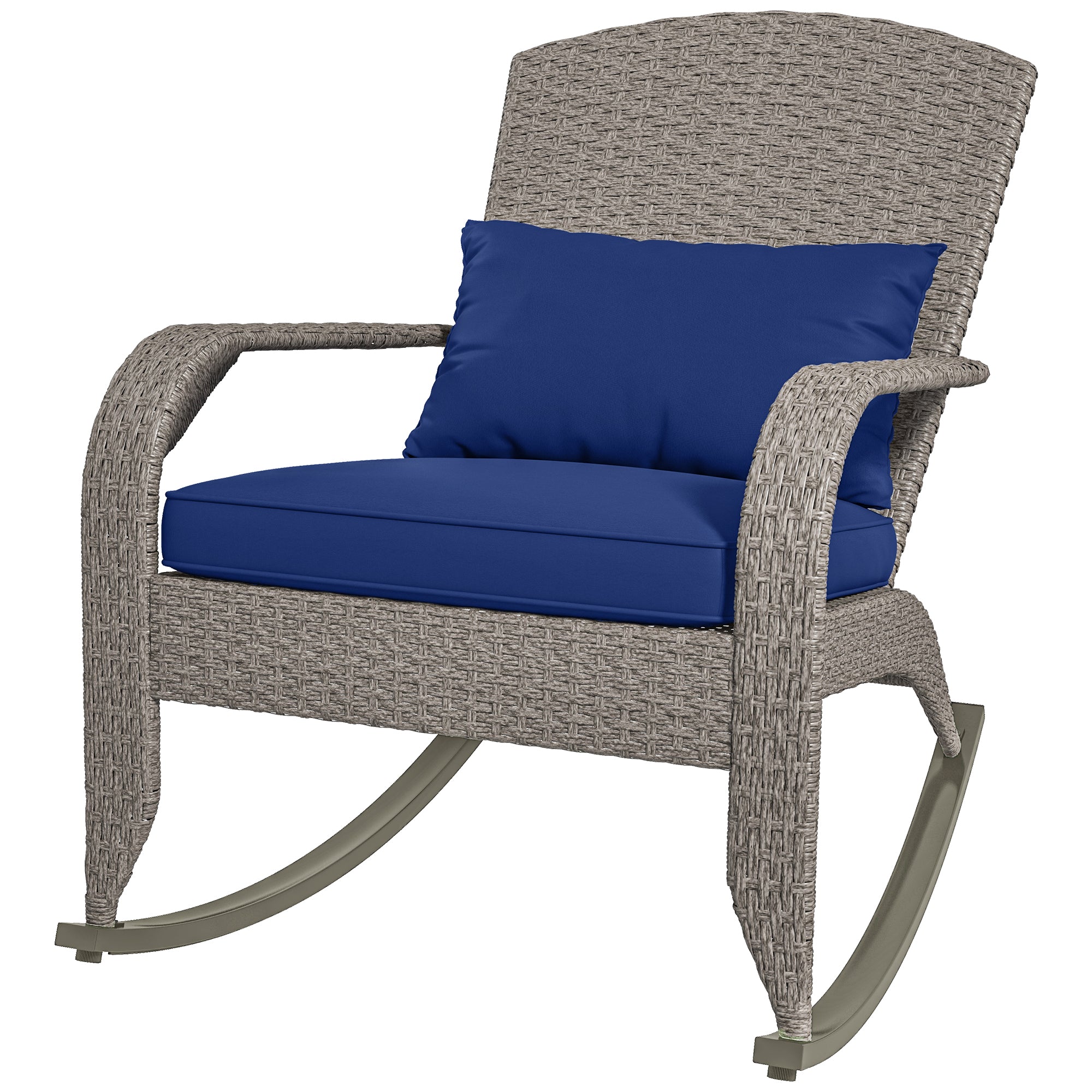 Outsunny Adirondack Chair, Outdoor Wicker Rocking Chair with High Back, Seat Cushion and Pillow for Porch, Balcony, Dark Blue 
